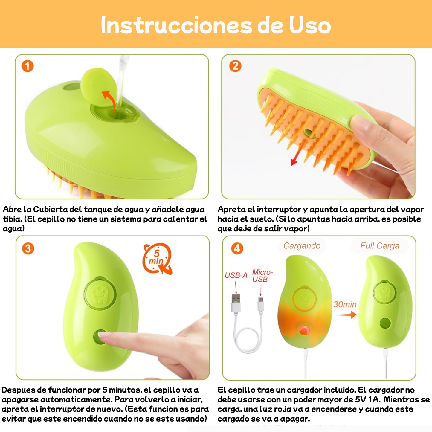 Cepillo a Vapor Recargable 3 en 1 para Mascotas